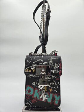 DKNY Graffiti Print Crossbody Bag Black North South Lock Charm Purse EUC